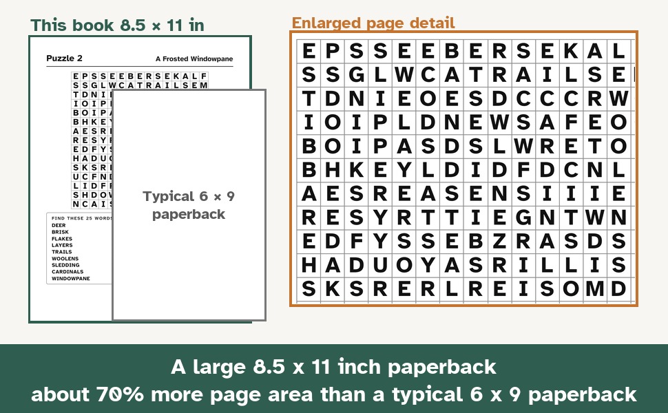 An 8.5 x 11 inch page beside a typical 6 x 9 paperback, with an enlarged detail of Puzzle 2