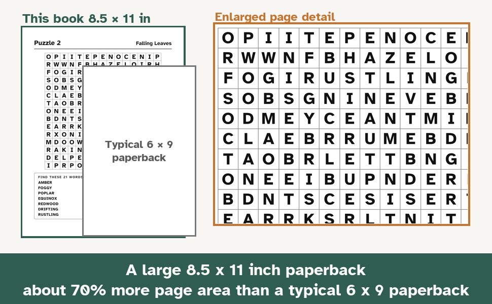 An 8.5 x 11 inch page beside a typical 6 x 9 paperback, with an enlarged detail of Puzzle 2