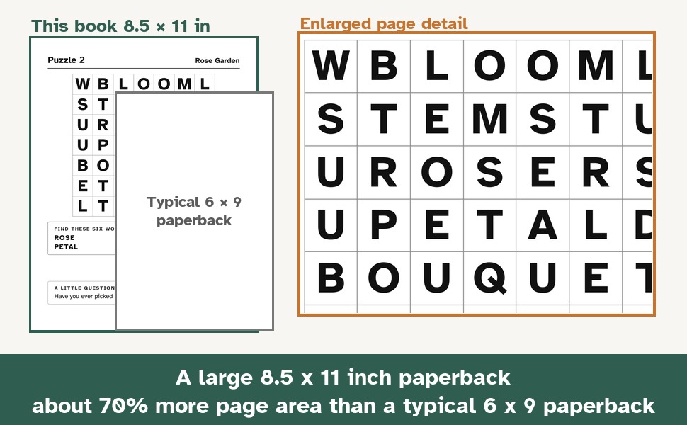 An 8.5 x 11 inch page beside a typical 6 x 9 paperback, with an enlarged detail of Puzzle 2